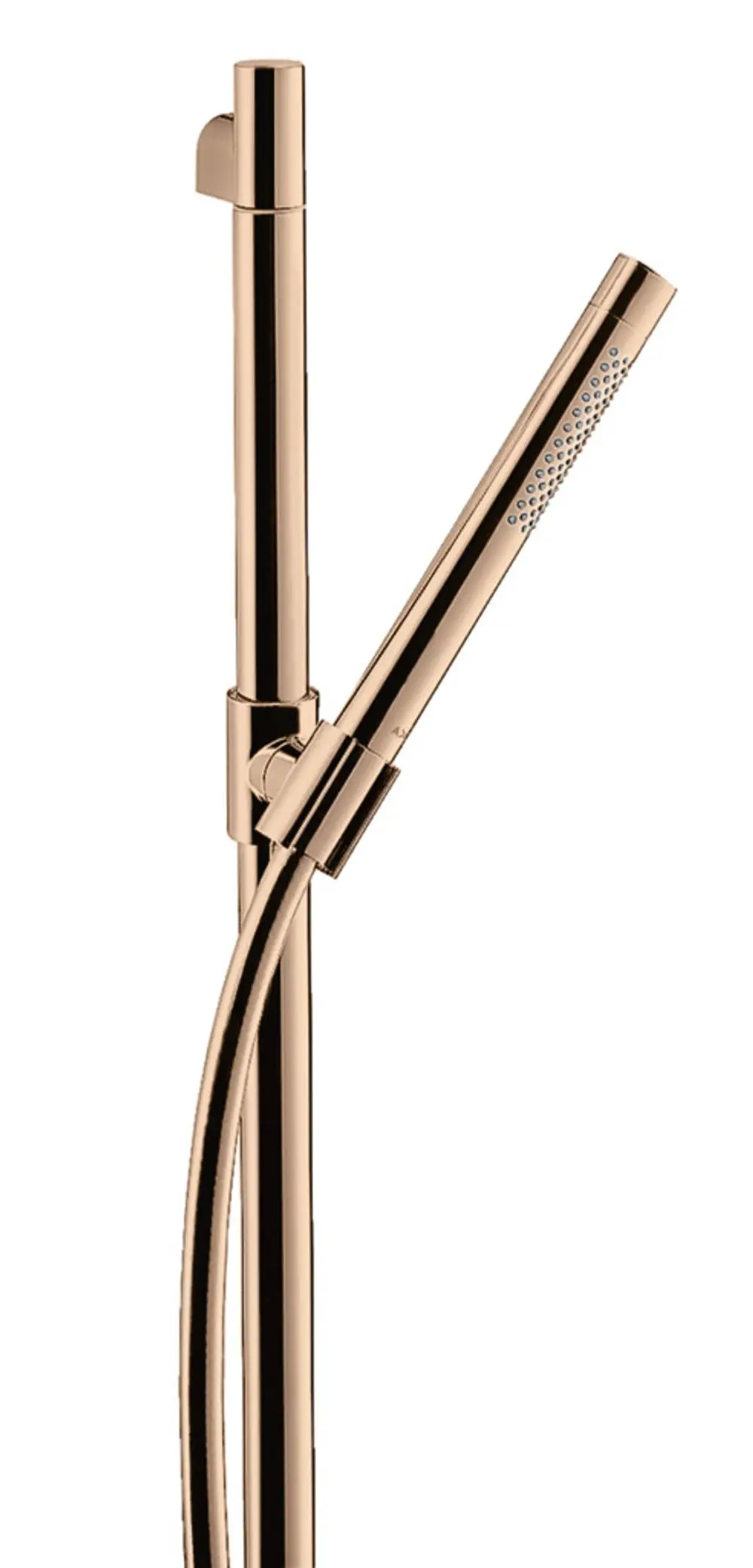 Brauseset der Marke AXOR mit Handbrause und flexibler Schlauchführung. Oberfläche in Polished Red Gold. Gemeinsam mit Montageelement sichtbar.
